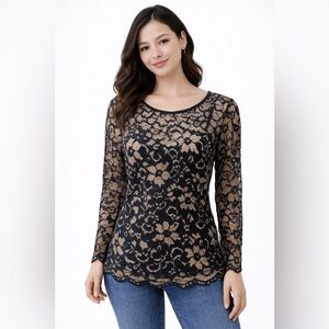 NOBO Black And Gold Lace Top L 3/4 Sleeves Scalloped Floral Metallic Blouse‎